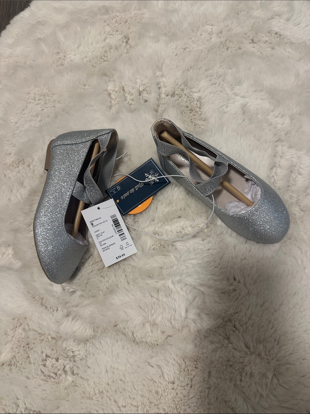 Sparkling Silver Ballet Flats with Cross Straps size 9